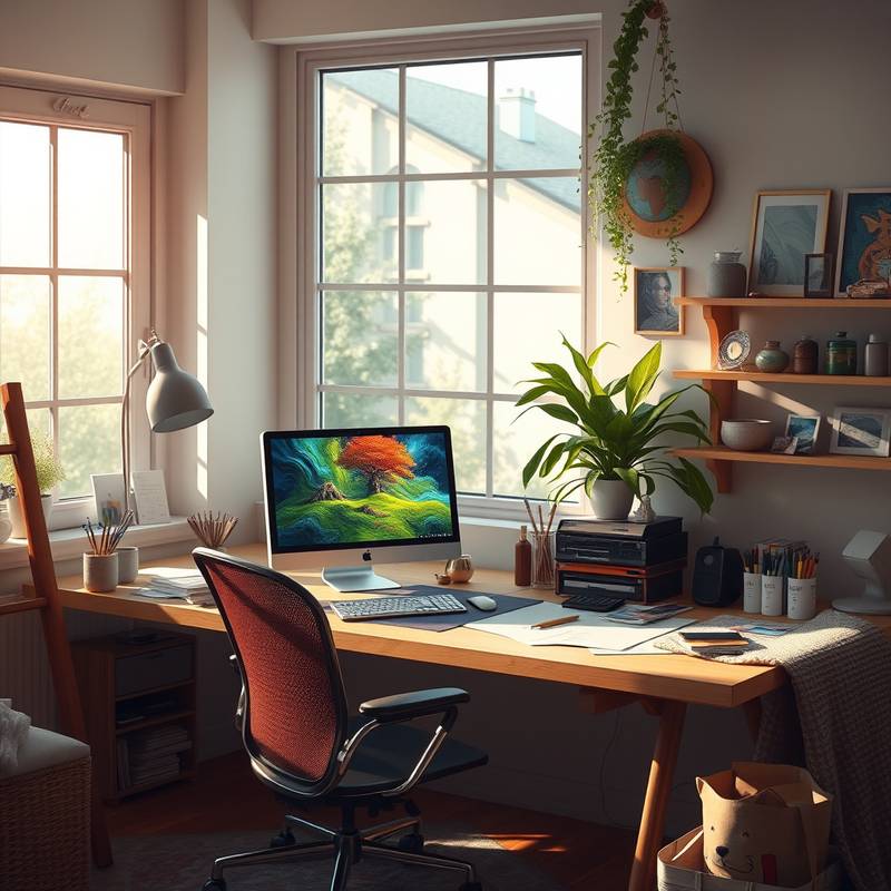 Creative workspace with computer and paints